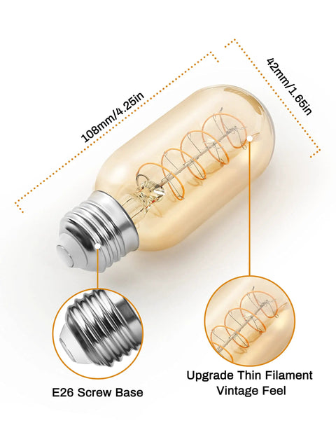 4 Pack Vintage Edison LED Bulbs 4W Filament With 60 Watt Equivalent T45 Style Non Dimmable Warm White 2700K E26 Base