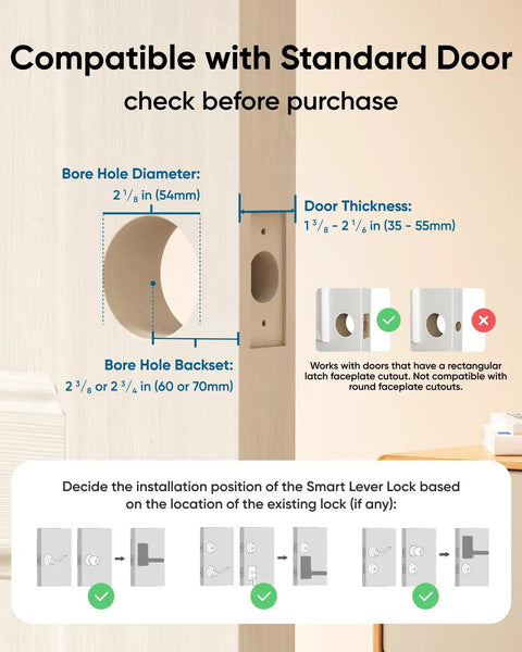 Installation guide for No Sweat Biometric Fingerprint Door Lock with bore hole dimensions and door compatibility.
