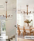 Distressed Candle Chandelier Vintage Style Light Fixture 28 Inch Wide Rustic White Ceiling Mount in entry and dining room.