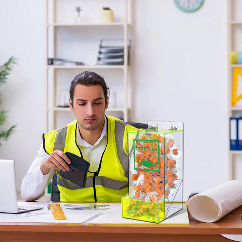 Quick Pick Bulk Ear Plugs With Clear Acrylic Dispenser And 200 Pairs Noise Killing Hearing Protection displayed at an office desk.