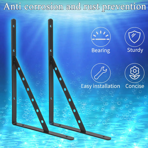 Heavy Duty Stainless Steel Shelf Brackets Rock Solid L Brackets For Wall Mounted Wood Shelves Rust Proof Garage Storage Support Black Metal Kit No Coating in blue background with easy installation icons.