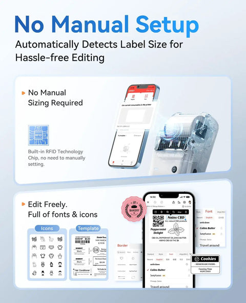 Wireless Bluetooth Label Printer For Home Organization 2 Inch Compact Sticker Maker App Connected Seamless Sync For Smartphone Or Laptop Silver Build feature details with editing interface and label sizing.