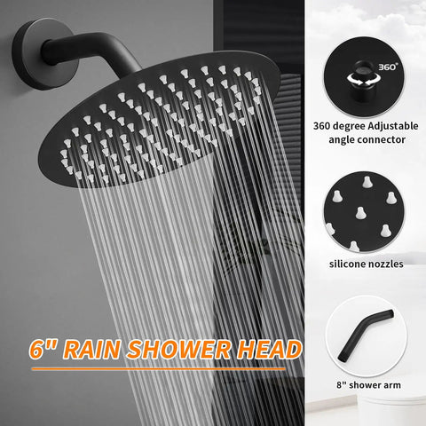 6" Rain Shower Head from Beefy Matte Black Tub Shower Faucet Kit featuring adjustable angle and silicone nozzles.