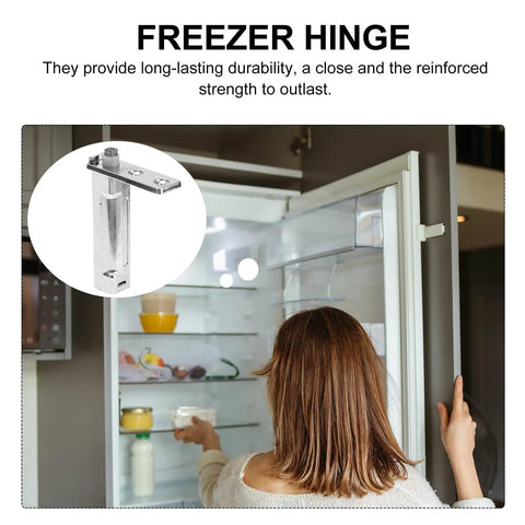 Heavy-Duty Zinc Alloy Refrigerator Door Hinge with Spring-Loaded Self-Closing Function shown with open fridge