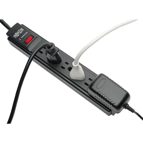 Six Outlet Surge Protector with 15 ft Cord and 790 Joules of Spike Protection for Home Office and Tech Gear with plugged cables