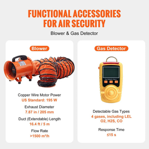 Built Like A Tank Heavy Duty Confined Space Tripod Winch Kit With Secure Harness Portable Air Blower And Smart Gas Detector, blower and gas detector accessories for air security.