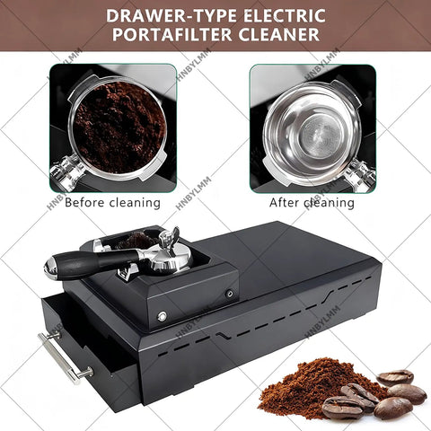 No Sweat Electric Portafilter Cleaning Machine And Espresso Knock Box With Integrated Scraper Brush Holder For 58mm Filter Group showing before and after cleaning coffee grounds.