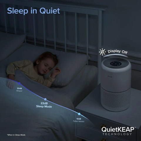 Sleeping child with Air Purifier For Home Large Room With HEPA Filter Sleep Mode AHAM Verifide Certified Smart WiFi Control Quiet Operation