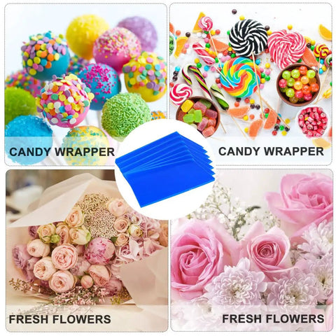 Blue Cellophane Flower Wraps Waterproof Wrapping Paper displayed with candy and flower arrangements