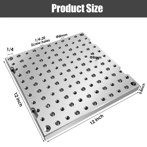 Badass Anodized 6061 Aluminum Fixture Plate 12X12X0.8 Inch CNC Machining Workholding Jig showing dimensions and hole details.
