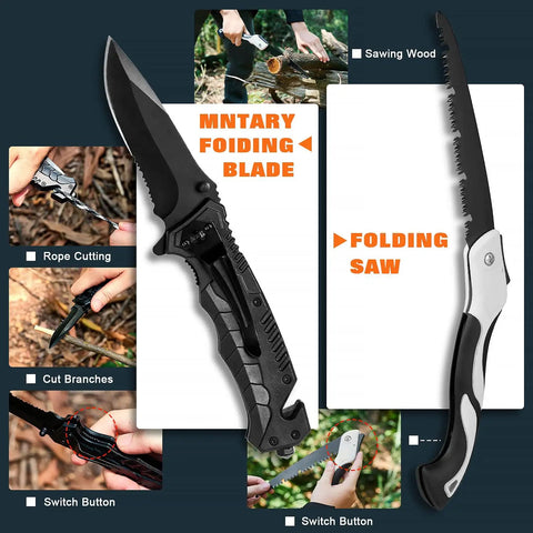 All In One Outdoor Survival Gear Set With Large Camping Backpack And First Aid Kit, Ultimate Camping Equipment For Hiking Adventures, Ready To Roll Backpack With Essential Tools, showing tactical folding knife and saw