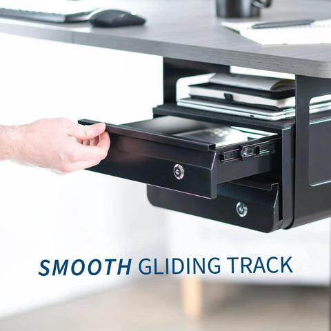 Under Desk Double Stacked Slide Out Drawers With Lock For Secure Home Office Storage Organizer Black Durable Steel Two Drawers Easy Mount Under Desk Keeps Gear Papers Cables Neat And Accessible with smooth gliding track.