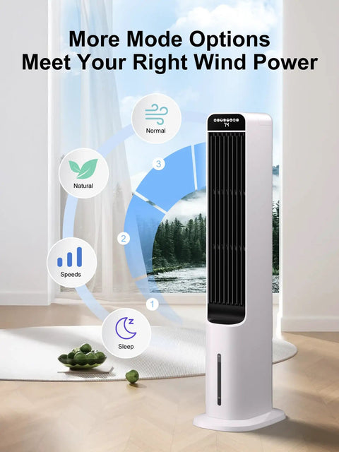 Windowless Portable Evaporative Cooler Tower Fan displaying mode options in a white room