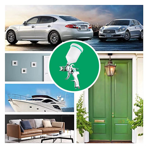 Slick Handheld Airbrush Kit Featuring Heavy Duty Pneumatic Spray Gun With Adjustable Nozzle For Smooth Car Painting Furniture Prep And Clear Coat Finish On Any Project displayed with various projects including cars, furniture, and a boat.