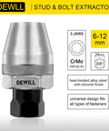 Broken Bolt Remover And Stud Extractor for one quarter to one half inch rounded fasteners. Heat-treated alloy steel with hexagonal flat design.