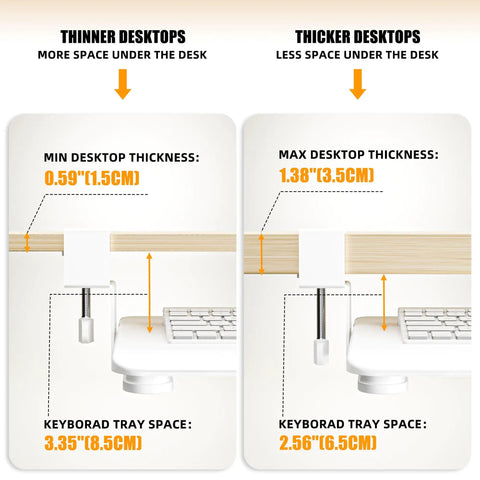 Comparison of under desk keyboard tray space with pull out slide and C clamp mount for thin and thick desktops