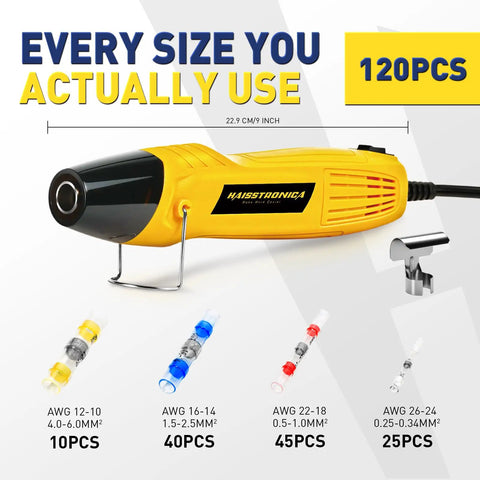 All In One Solder Seal Wire Connector Kit With Mini Heat Gun 120 Pcs Waterproof Heat Shrink Connectors for various AWG sizes