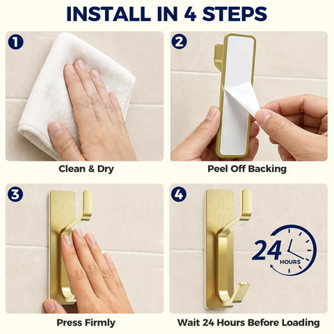 Ditch the Drill with These Heavy Duty Adhesive Towel Hooks for Bathroom 4 Pack Stainless Steel installation steps shown