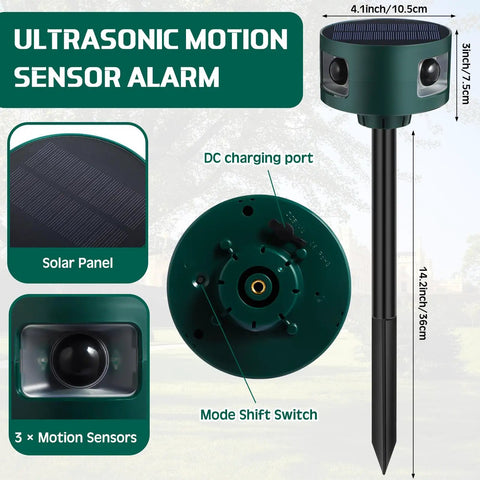 Two Pack Solar Indoor And Outdoor Motion Alarm With Ultrasonic Deterrent 360 Degree Detection Animal Repellent shown with features