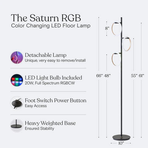 RGB Color Changing Floor Lamp With Tall Tree Design featuring three LED lamps, matte black finish, dimensions indicated.