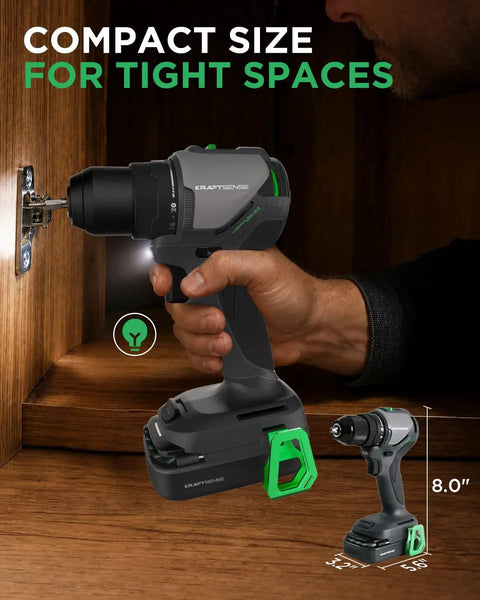 Badass 20V Brushless Cordless Drill Driver Set With 443 Inch Pounds Torque Two Speed Gears and 20 Ah Battery being used in tight spaces.