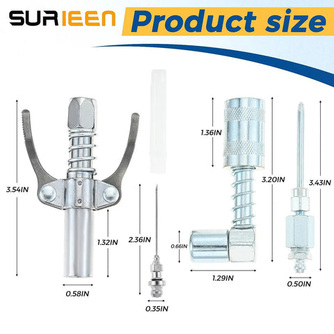 Grease Gun Tips And Couplers Kit With 90 Degree Adapter And 6 Prong Dual Handle Connector, Needle Tip Dispenser shown with dimensions.