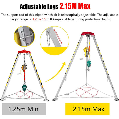 Adjustable Hardcore Aluminum Confined Space Tripod Kit With Winch, 1.25m to 2.15m height range, stable for manhole rescues.