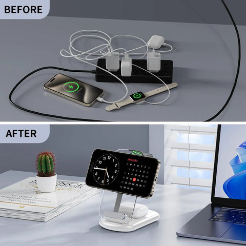 Before and After scene with Travel Ready MagSafe 3 In 1 Wireless Charging Station For iPhone 12 13 14 15 16 17 Pro Max Apple Watch And AirPods Magnetic Stand With Light Fast Two Point Five Hour Charging Easy Vertical Or Horizontal Use Gift For Wife And Husband White, reducing cable clutter on desk.
