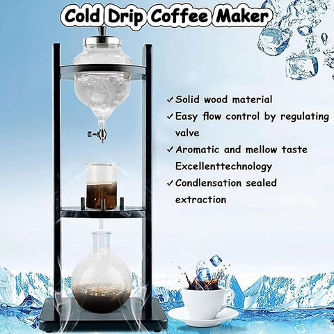 Top Shelf Cold Brew Maker With Slow Drip Tech For Bold Ice Coffee And Relaxed Weekend Vibes With 32Oz Large Capacity Borosilicate Glass Tower And Sturdy Wood Frame That Hits Different in black wood frame.