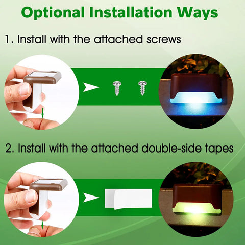 16 Pack Solar Deck Lights Outdoor Color Changing LED Waterproof Pathway Lights installation diagram with screws and tape options.
