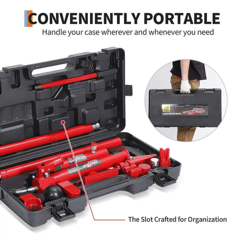 10 Ton Hydraulic Porta Power Kit With Hand Pump And Flexible Oil Hose Complete Spreader Tool Set in portable storage case.