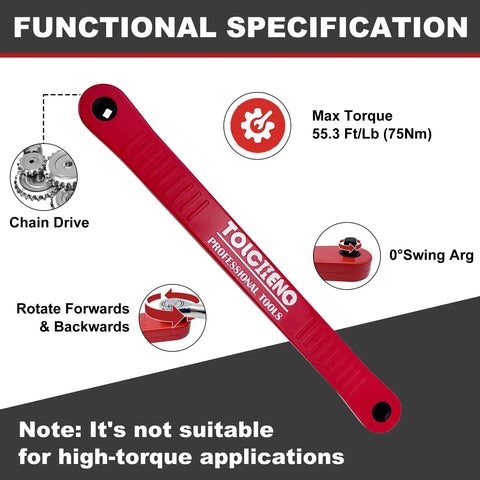 Zero Offset Extension Wrench Set Pro Grade Extender Tool With 1/4 Inch, 3/8 Inch, And 1/2 Inch Square Drive Adapters For Tight Spots Versatile Universal Wrenches Built Tough From Aluminum Alloy And Chrome Vanadium Sockets Red shown with functional specifications including chain drive and max torque of 55.3 Ft/Lb