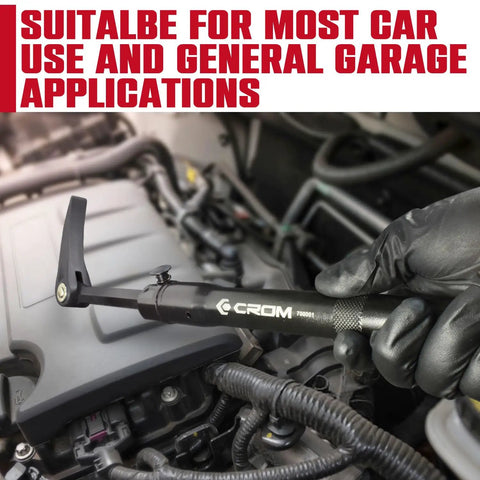 Extendable Telescoping Pry Bar With Adjustable Indexing Positions That Give Straight Up Heavy Duty Leverage to kick rusted bolts free in cramped spots, shown in use in a car engine compartment.
