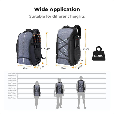 Side and back view of 30L Camera Backpack With Rain Cover And 16 Inch Laptop Compartment Built For Travel Holds Canon Nikon Sony DJI Mavic Drone Gear With Customizable 3 Tier Interior And Quick Access Sides The Go To Bag For Every Shoot, showing size comparison and weight of 1.53kg.