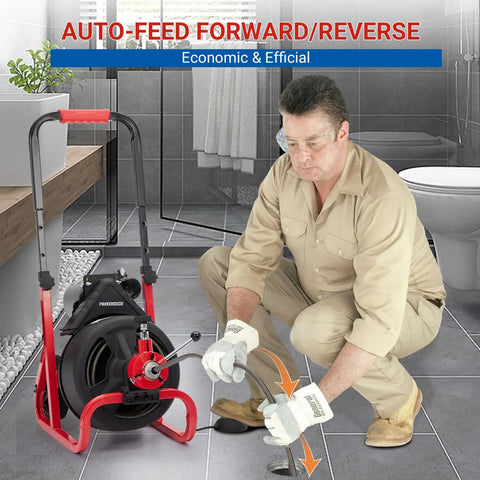 Heavy Duty Electric Drain Snake Automatic Feed Anti Twist Cable Makes Quick Work Of Stubborn Clogs In Toilets Sinks And Showers Including Six Cutting Heads And Gloves For Easy Plumbing Fixes in a bathroom setup.
