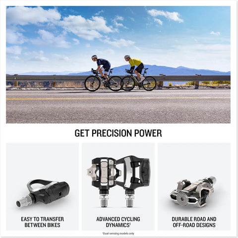 Cyclists on road with Rally XC210 Dual Sensing Power Meter Pedals Bundle with rechargeable battery, SPD cleat compatible off-road design.