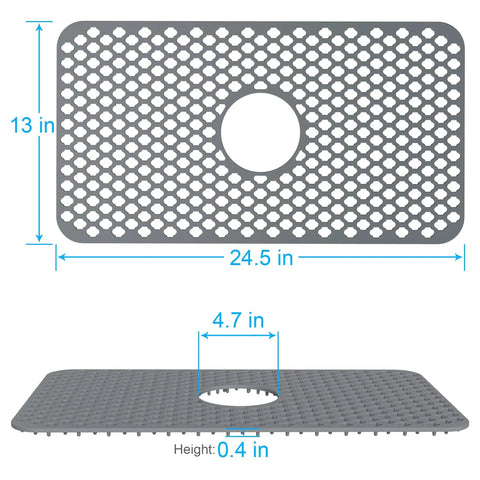 Center Drain Silicone Sink Mat No Slip Heat Resistant For Kitchen And RV Sinks, dimensions 24.5x13 in, gray open-grid design