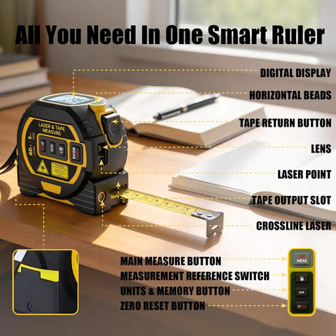 3 In 1 Laser Tape Measure With Digital Readout And LCD Display For Fast One Person Measurements At Home And On Job Sites Up To 197 Feet With Bright Sun Visible Laser And Simple One Handed Use, black and yellow tabletop tool with tape extended