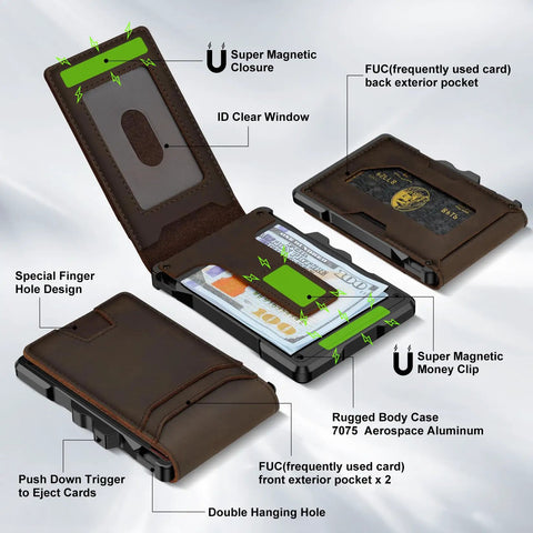 Slim Genuine Leather Wallet For Men With RFID Blocking, Minimalist Front Pocket Design, money clip, and pop up card holder