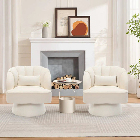 Pair of beige Velvet Swivel Barrel Chair With Plush Padding And Striped Backrest in living room setting.