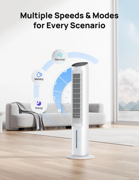 Evaporative Swamp Cooler With Bladeless Standing Fan And Removable Water Tank, displaying multiple speed settings in a bright room.