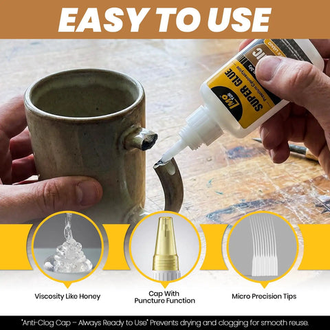Applying Premium Ceramics Super Glue Two Pack With Slick Micro Tips to mend a cracked mug handle for safe pottery repair.