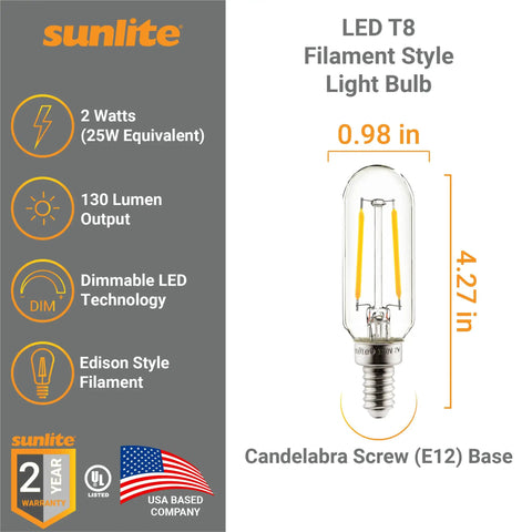 Energy Saving LED Filament T8 Tubular Light Bulb 2W 25W Equivalent Candelabra E12 Base Dimmable Instant On 2700K Soft White UL Listed