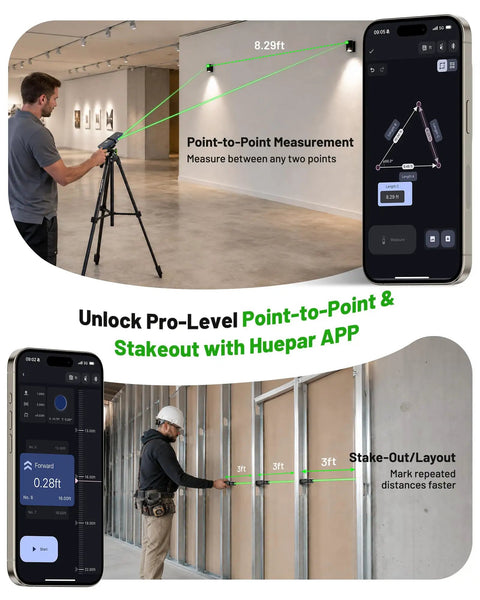 Nailing Every Job With This Upgraded Dual Laser Distance Meter Brings 395 Foot Range And Blazing Green Beams For Rock Solid 1/16 Inch Readings Plus Smooth Phone App Pairing being used in a professional setting with laser measurements.