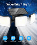 Image of Two Pack Solar Motion Sensor Outdoor Lights With 180 LEDs And 3000 Lumens, IP65 Waterproof, Three Adjustable Heads, Wide Angle Lighting, Easy No Fuss Install For Yard Patio And Garage, showing bright beams with icons detailing features.