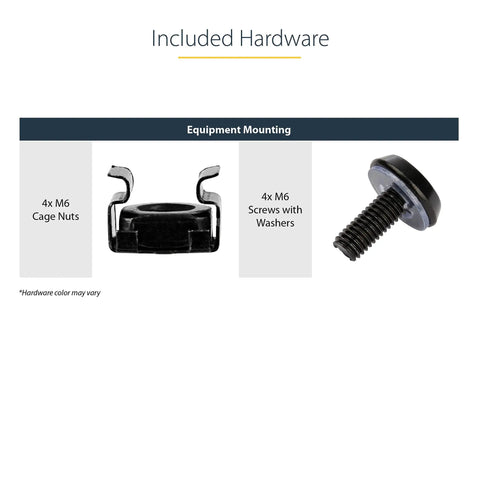 Included hardware for Heavy Duty 1U Vented Rack Shelf For 19 Inch Server Cabinets showing M6 cage nuts and screws with washers.