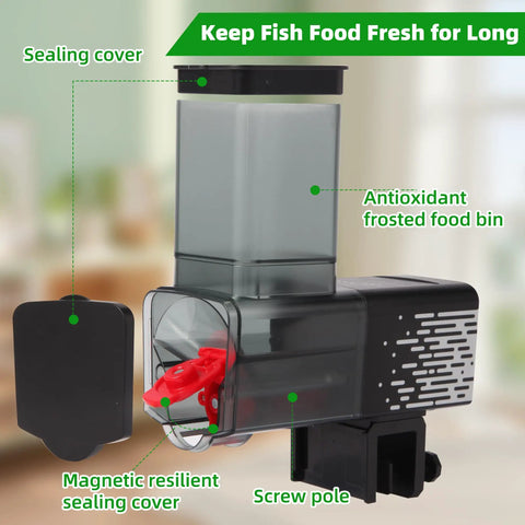 AWUAWU Automatic Fish Feeder With 17 Oz Large Capacity For Indoor Aquariums showing sealing cover and frosted food bin design.
