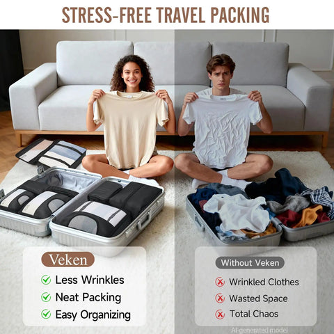 10 Piece And 8 Piece Packing Cubes Set For Travel Essentials showing organized and wrinkled clothes side by side
