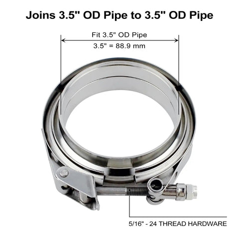 Hardcore 3.5 Inch V Band Clamps With Badass Quick Release Design For Exhaust And Downpipe Systems Using Male Female Flange Setup For Rock Solid Alignment And Zero Leak Performance Two Pack, close-up of hardware and stainless steel material.