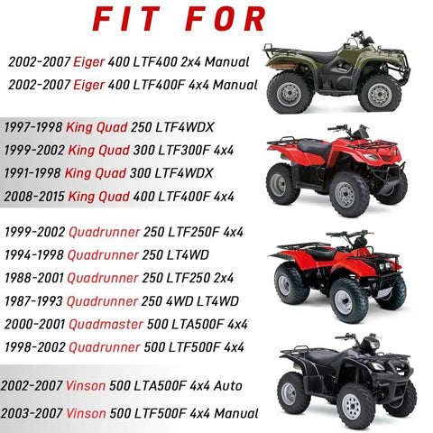Fit list for Top Tier Hardcore Front Wheel Bearing Seals Kit For Suzuki Eiger King Quad Vinson Quadrunner Atv Rig 2002-2015 models.
